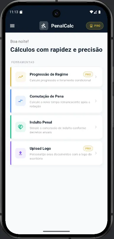 Página inicial real do aplicativo PenalCalc para celular